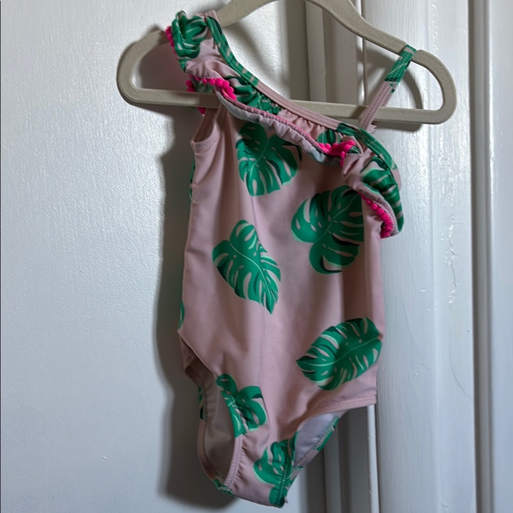 Pink and Green Leaf Print One-Shoulder Swimsuit